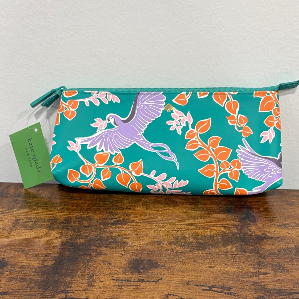 Kate Spade Turquoise and Orange Bird Print Pouch